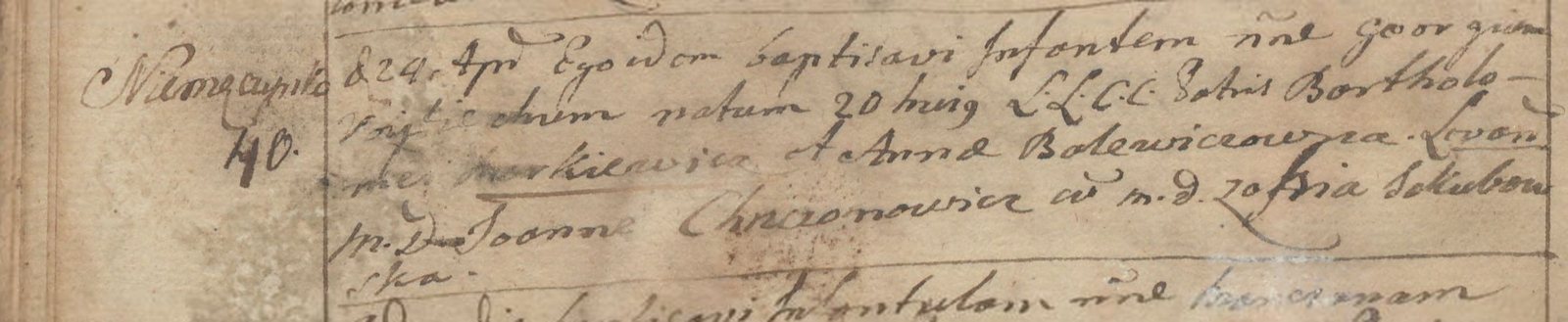 Entry number 40 in a Latin baptism register, with the village name Niemenczynka in the margin